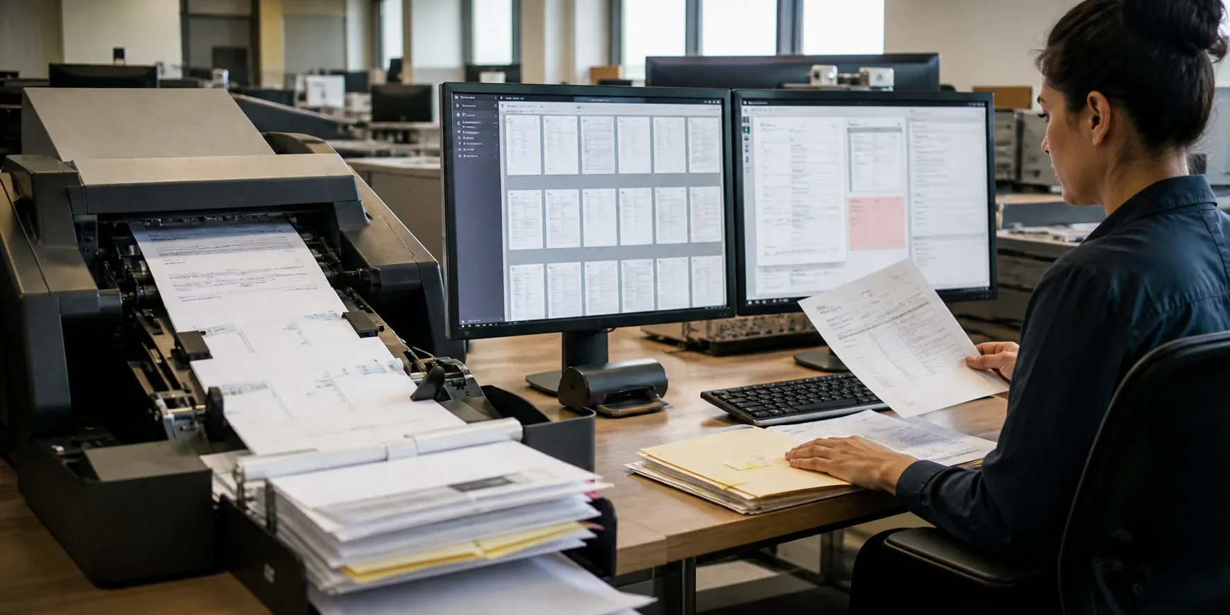 Invoice scanner processing documents while a finance analyst reviews one reconciliation exception