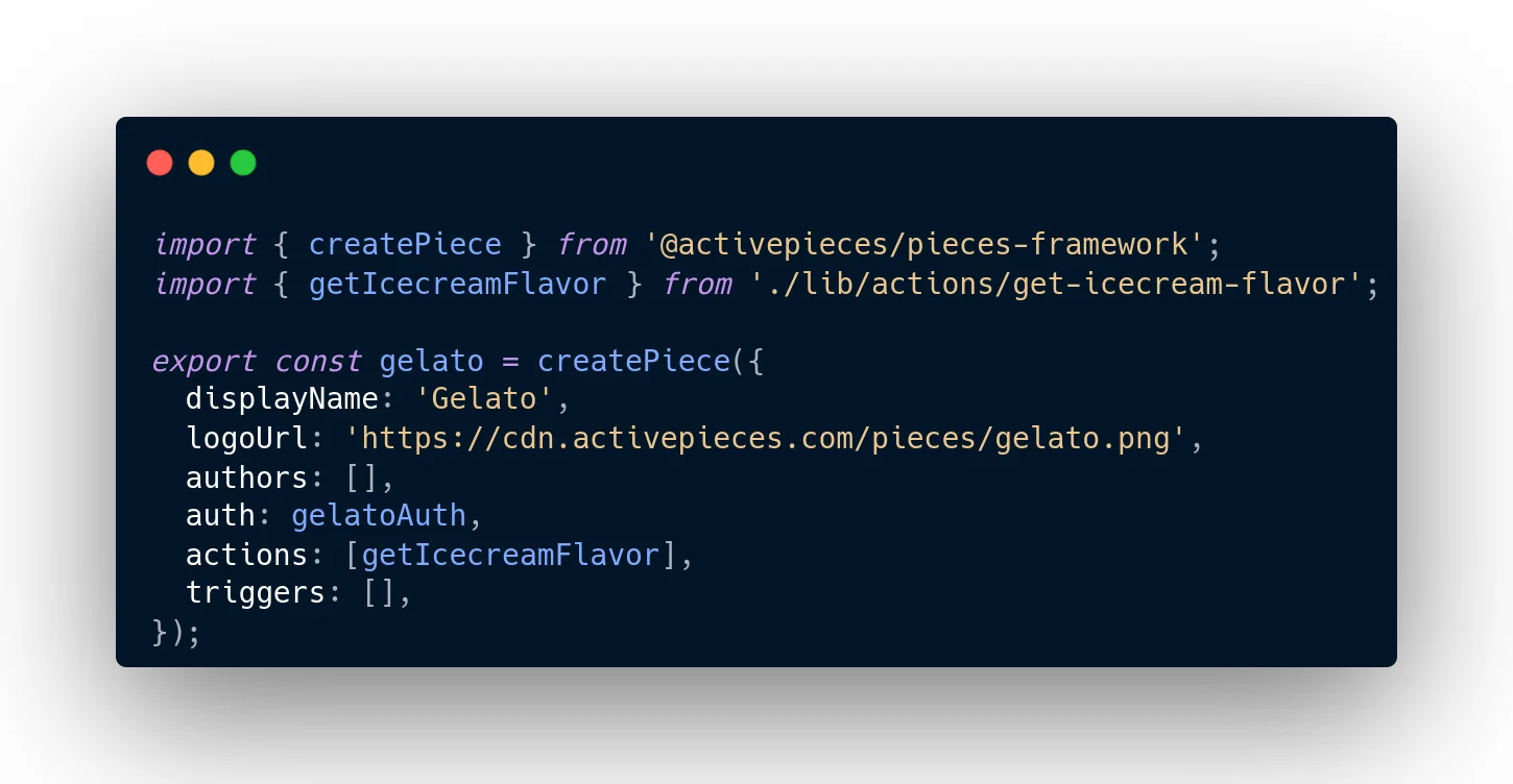 Official Activepieces documentation example showing TypeScript for a custom piece; reproduced from the MIT-licensed repository