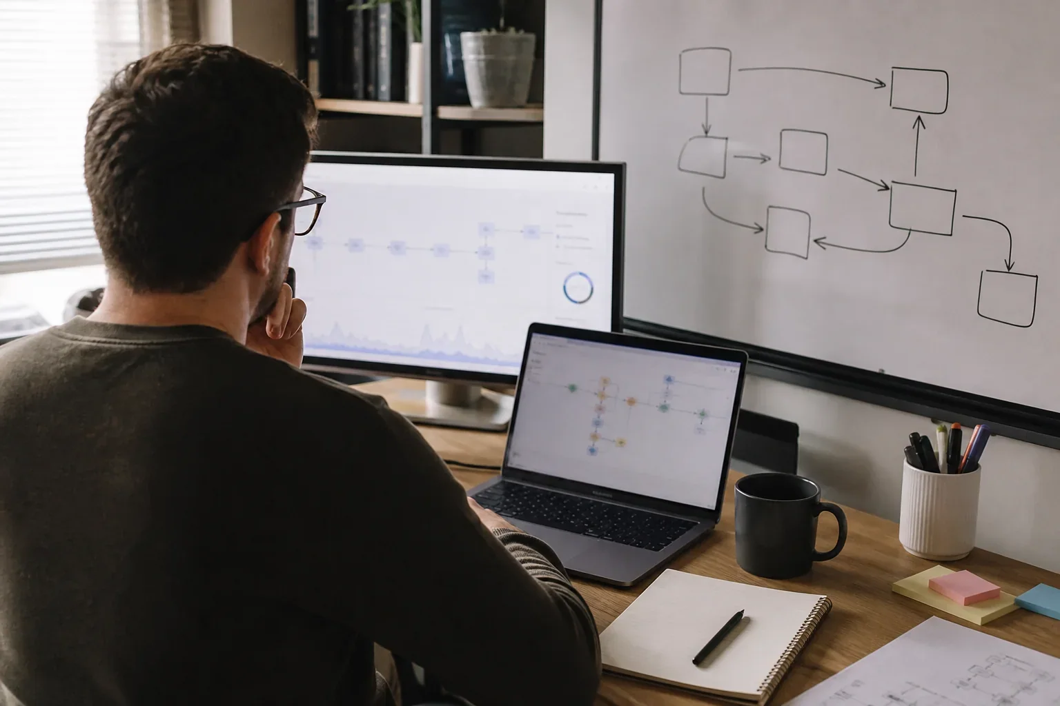 Automation engineer mapping a business workflow in a practical workspace