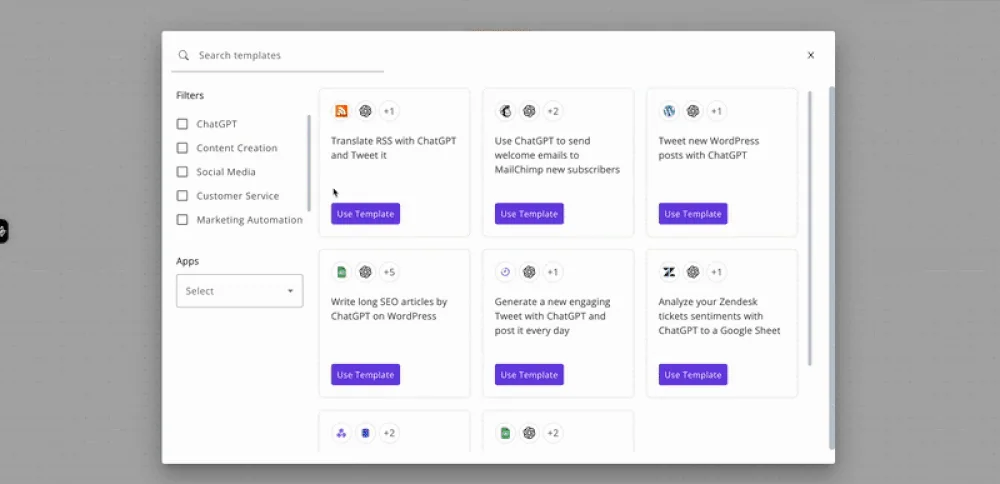 Official Activepieces project animation showing the workflow-template browser; reproduced from the MIT-licensed repository