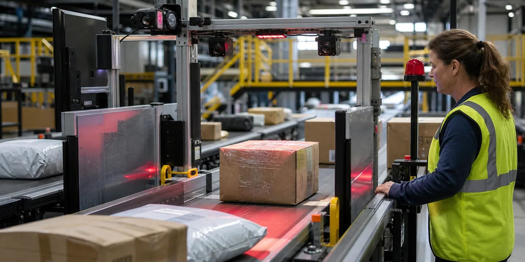 Automated returns line scanning and routing parcels while a high-value exception waits for human approval