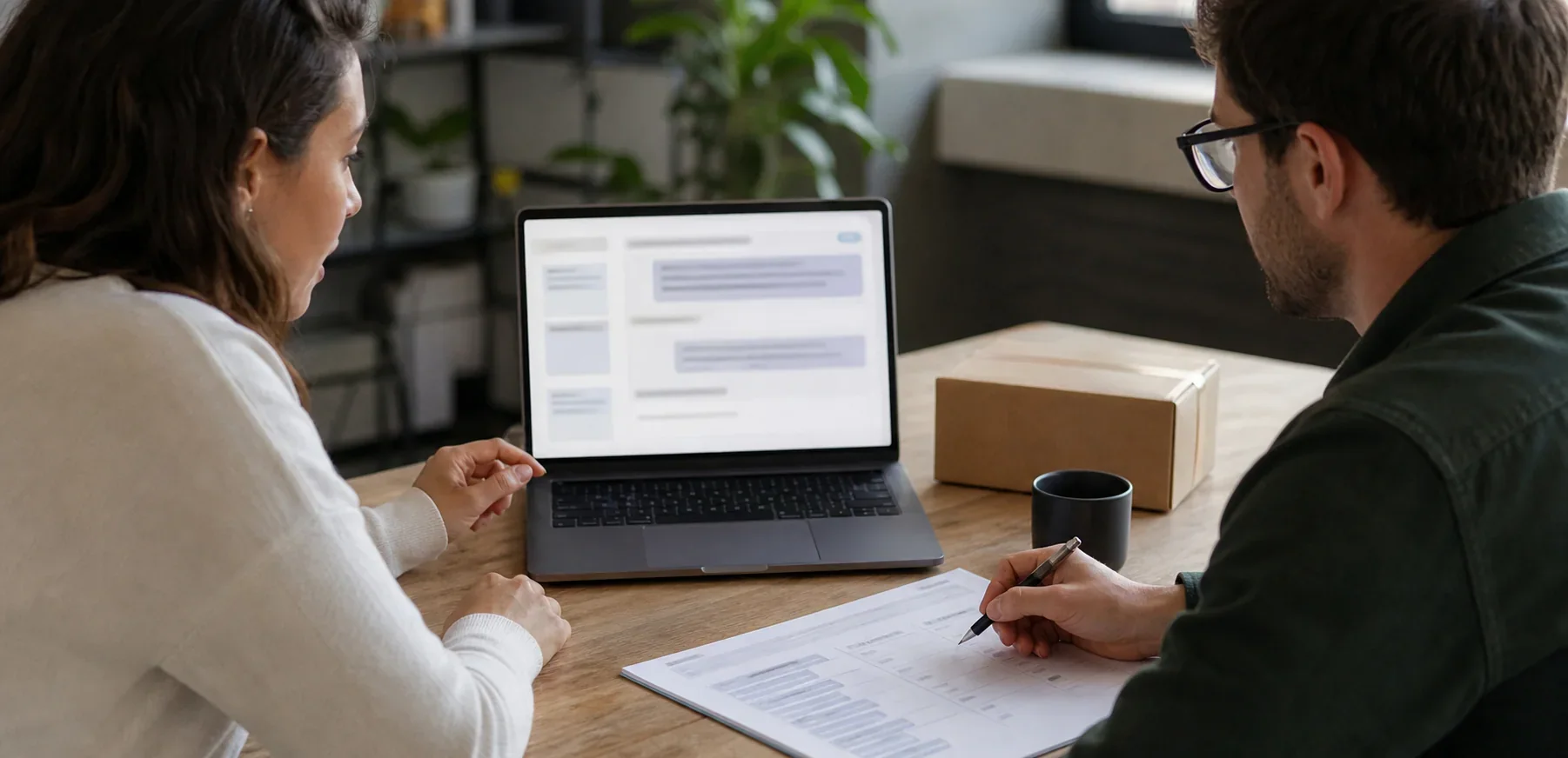 Two ecommerce support professionals reviewing an AI-assisted reply and a quality checklist
