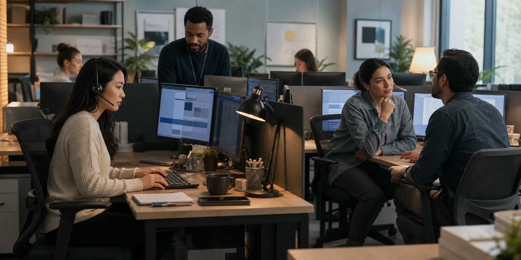 A customer support team supervising AI-assisted service and escalations