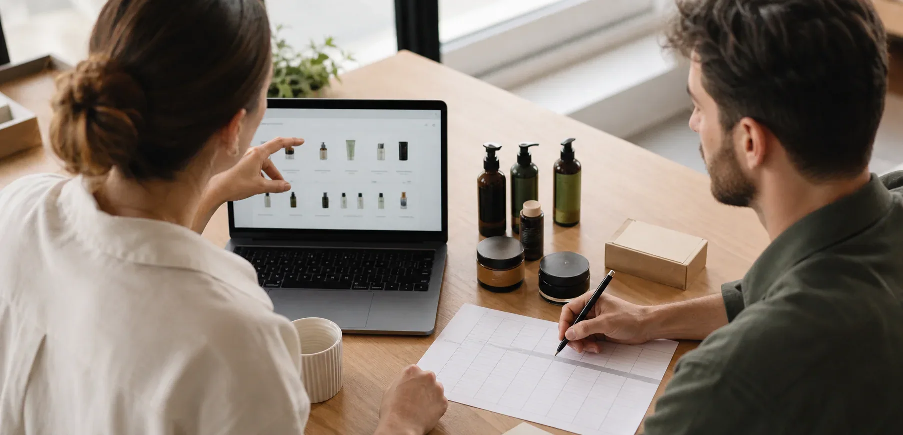 Ecommerce merchandisers reviewing product relationships on a laptop beside an unbranded assortment and evaluation sheet