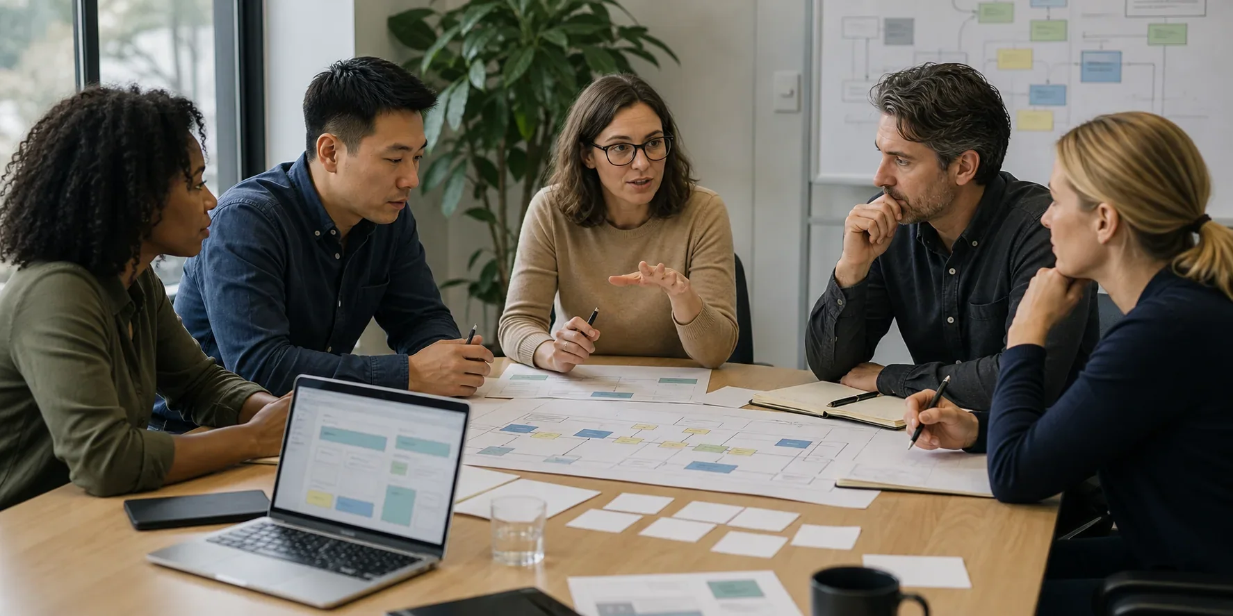 A cross-functional business team evaluating possible AI use cases in a realistic workshop