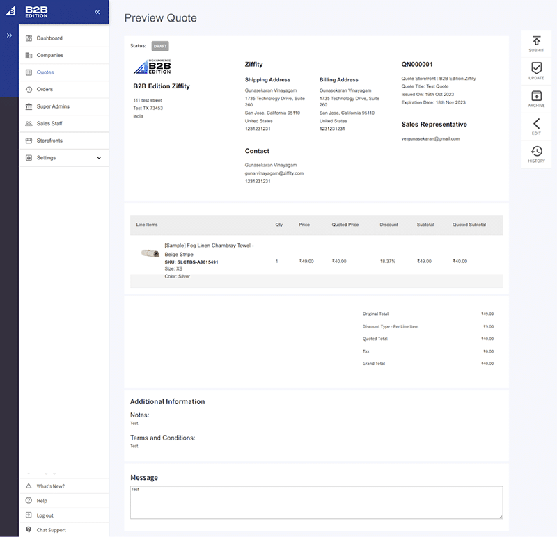 BigCommerce B2B quote preview interface