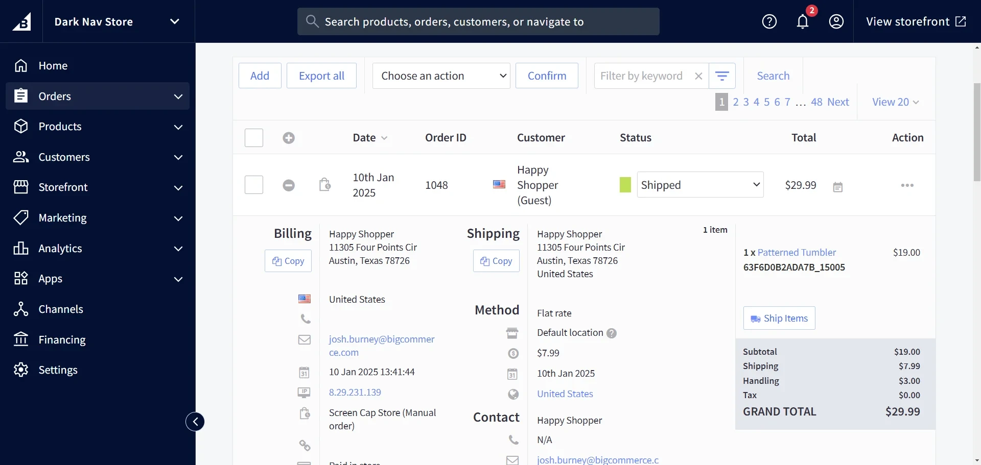 BigCommerce orders interface with modern navigation