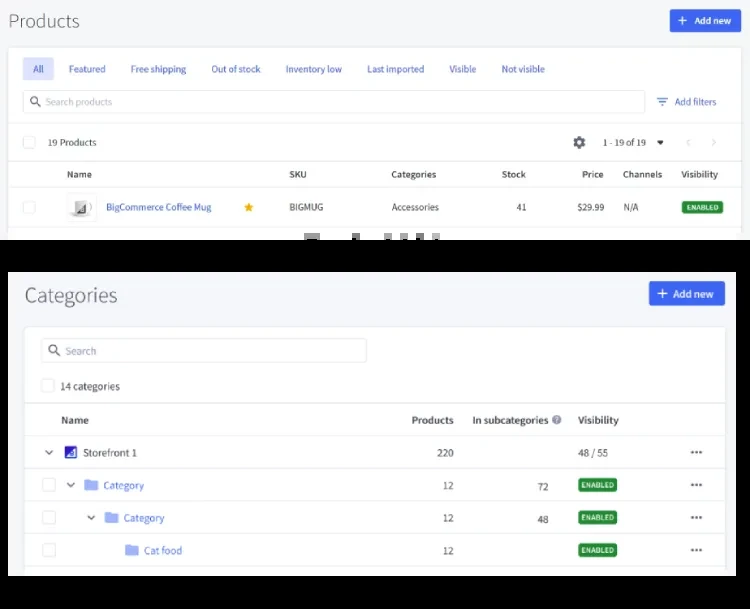 BigCommerce product list interface