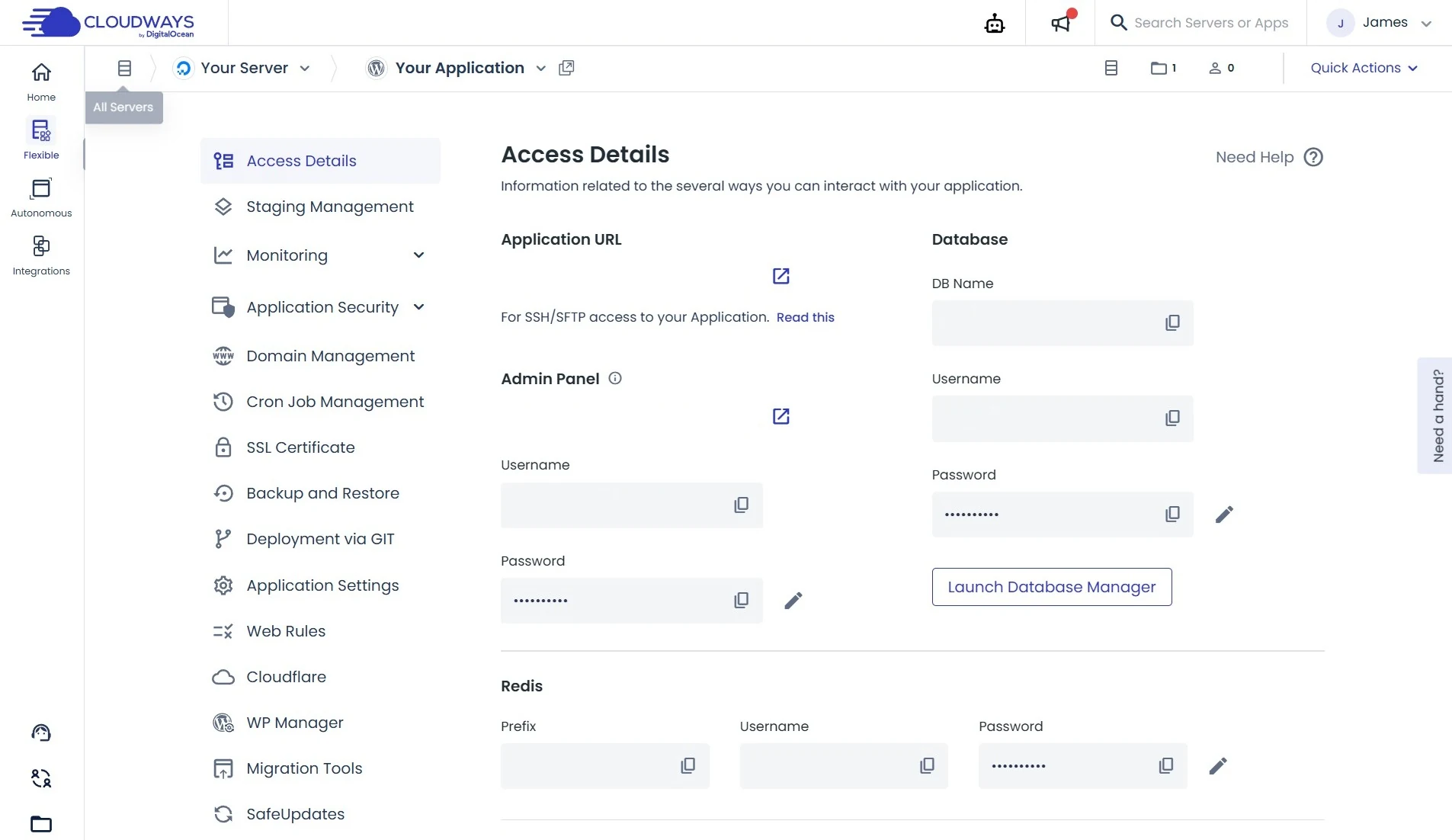 Cloudways application management screen showing access details and application tools