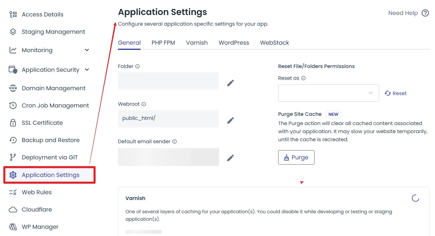 Cloudways Application Settings screen showing cache and application configuration controls