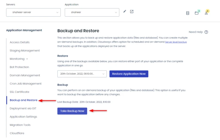 Cloudways Backup and Restore screen showing restore point and on-demand backup controls