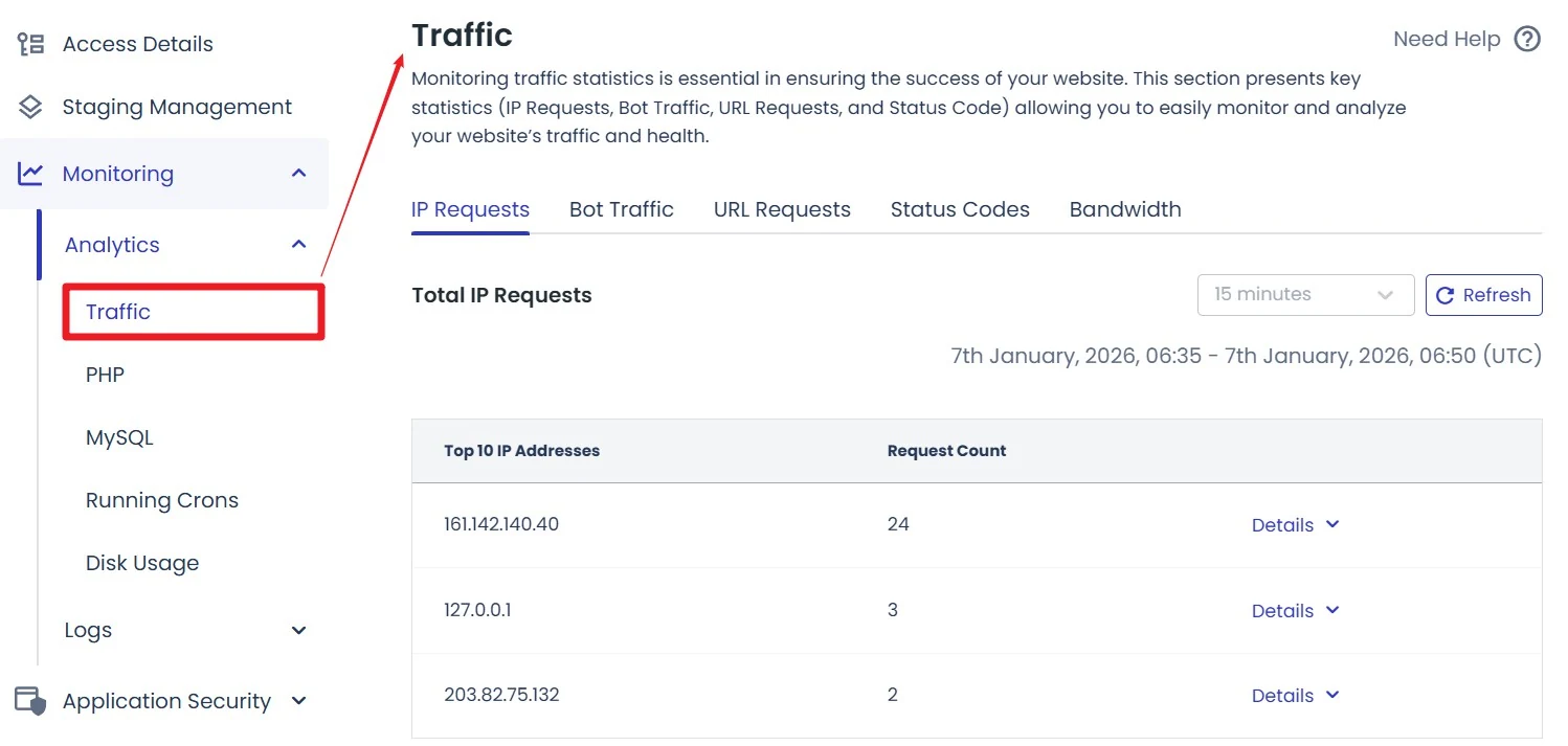 Cloudways Monitoring screen showing traffic analytics and server application metrics