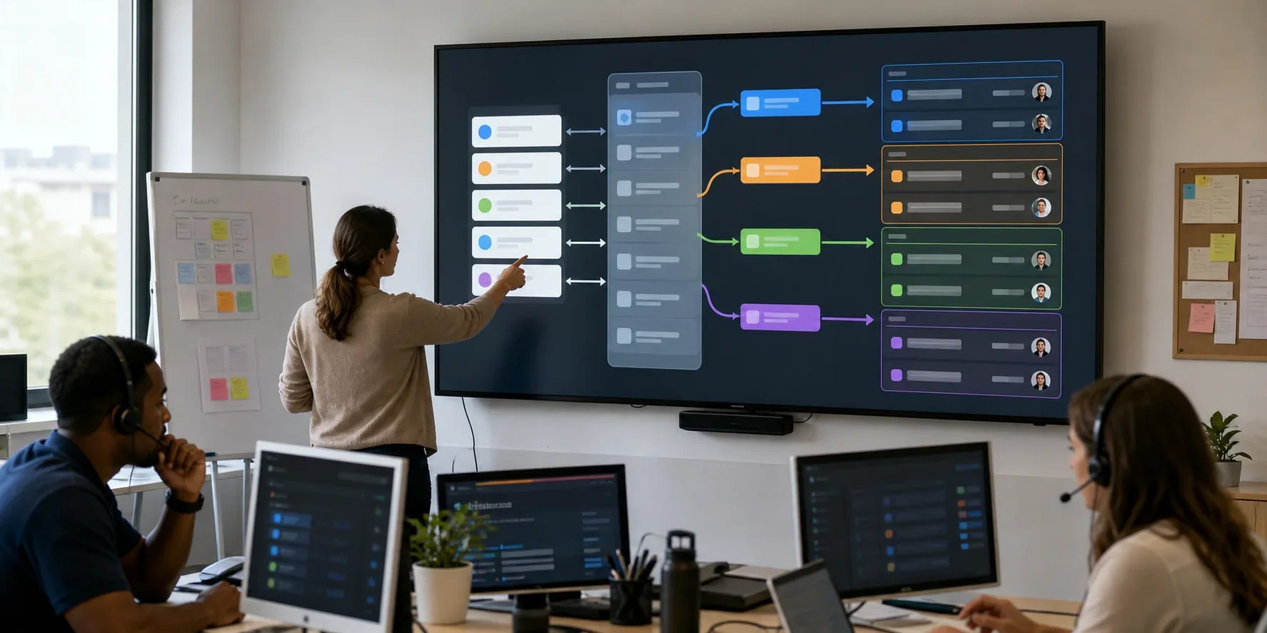Revenue operations display automatically routing incoming lead cards into representative queues