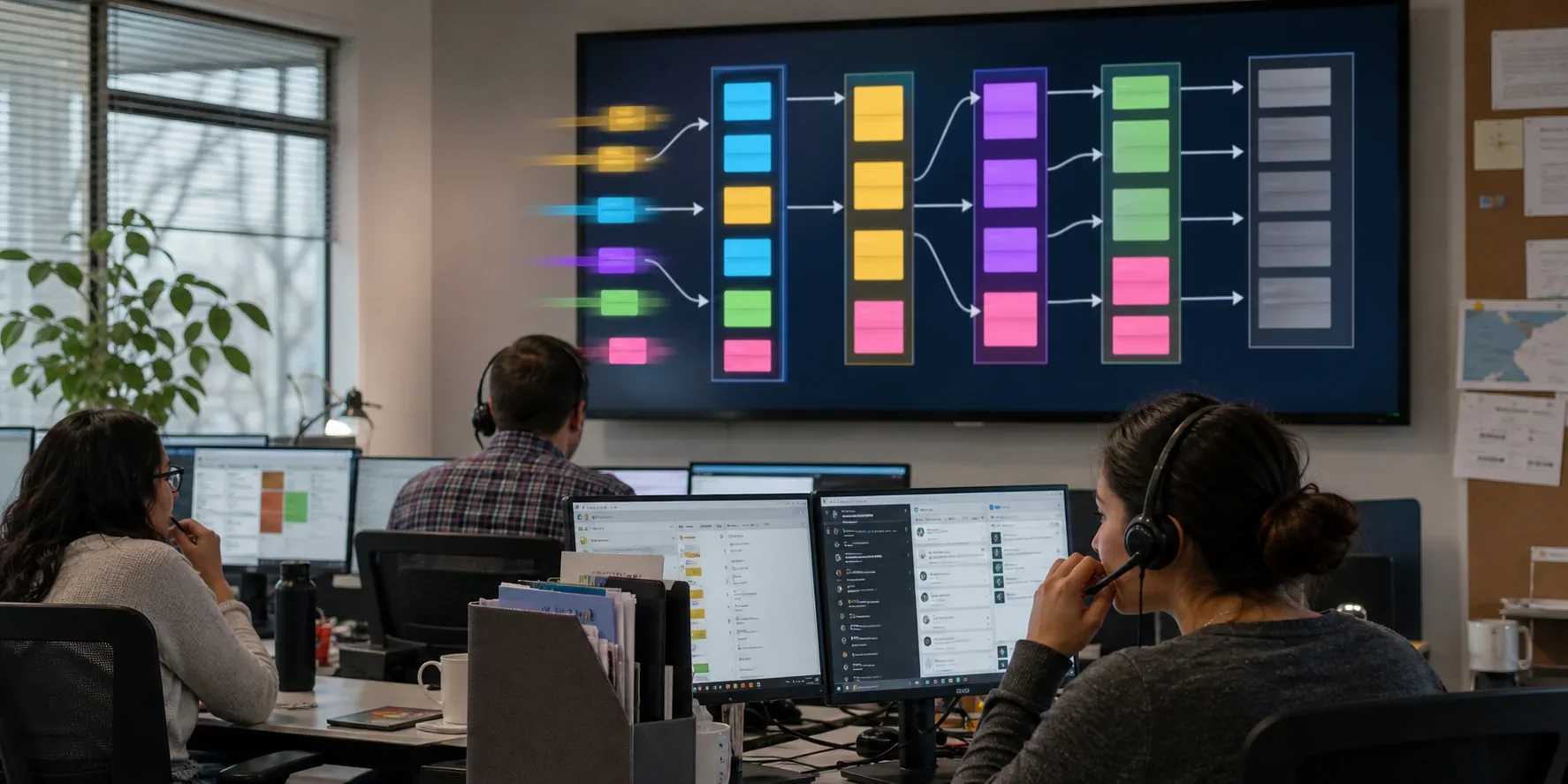 Support operations team working while an automated display routes incoming cases into specialist queues