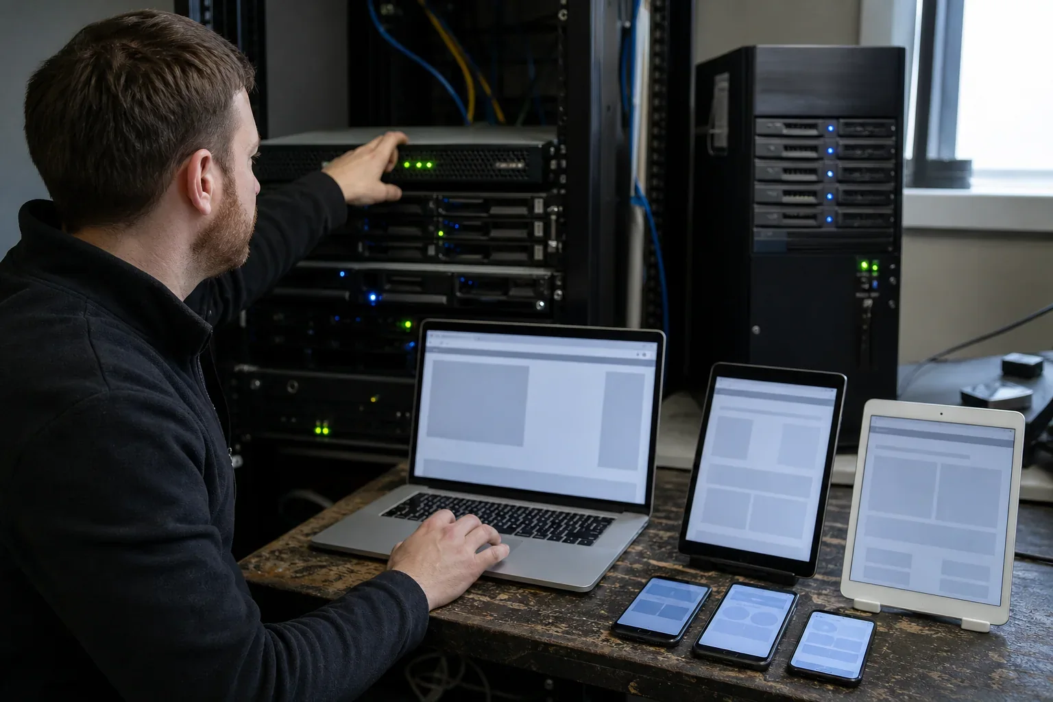 Technician checking website delivery on several devices beside network equipment