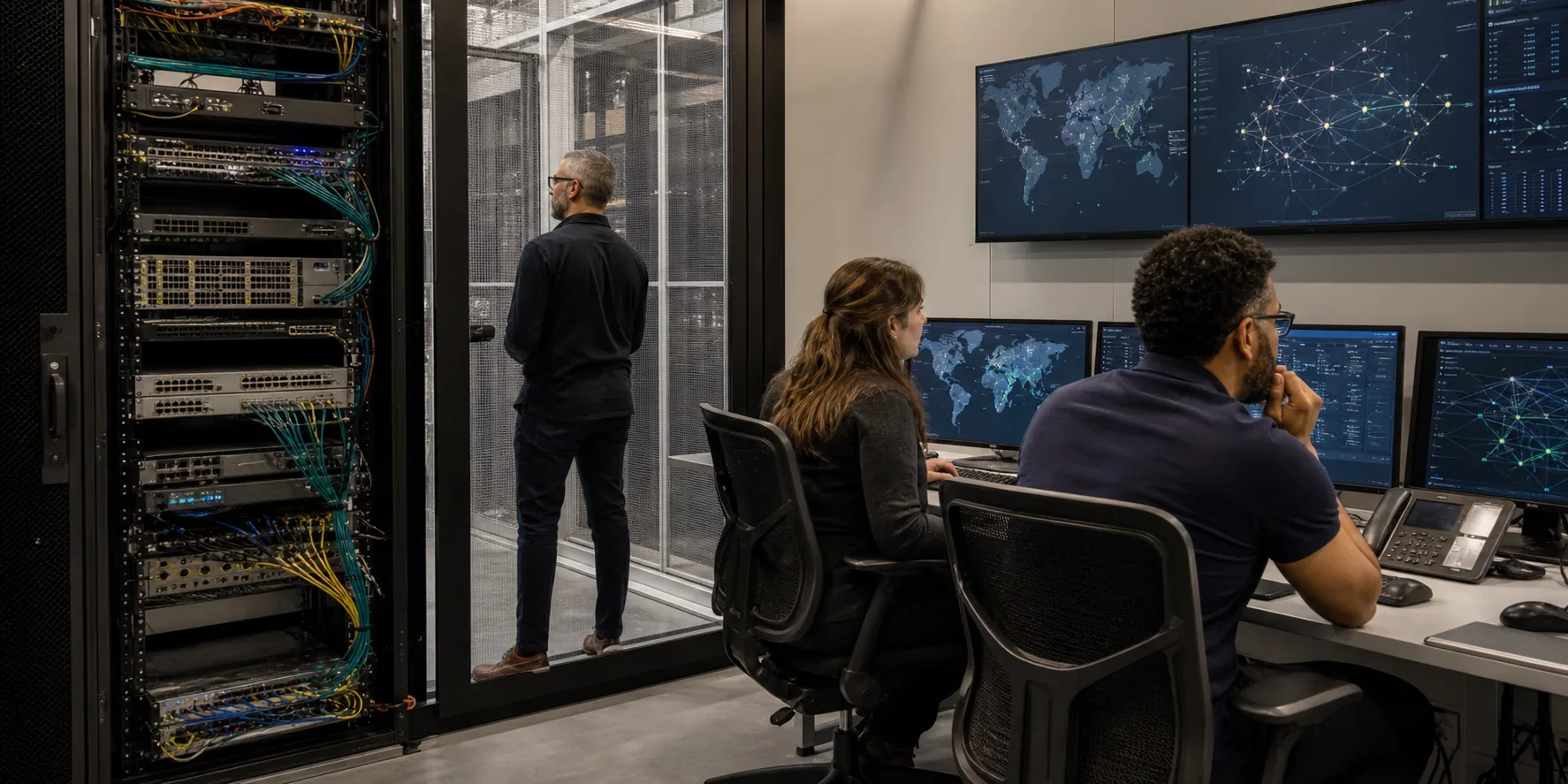Network operations team monitoring global website delivery infrastructure