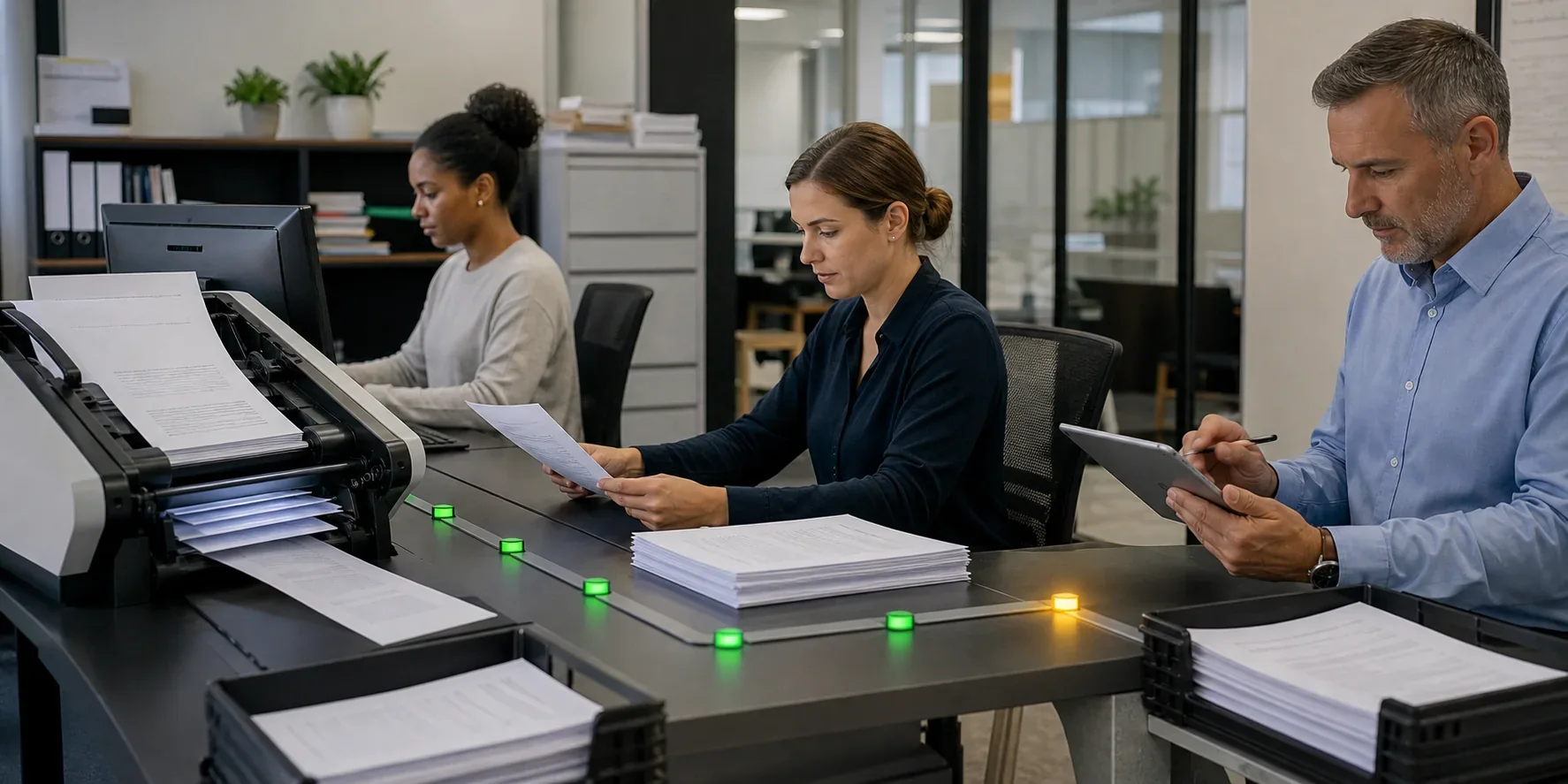 Automated document line routing pages through review while a manager handles an approval exception