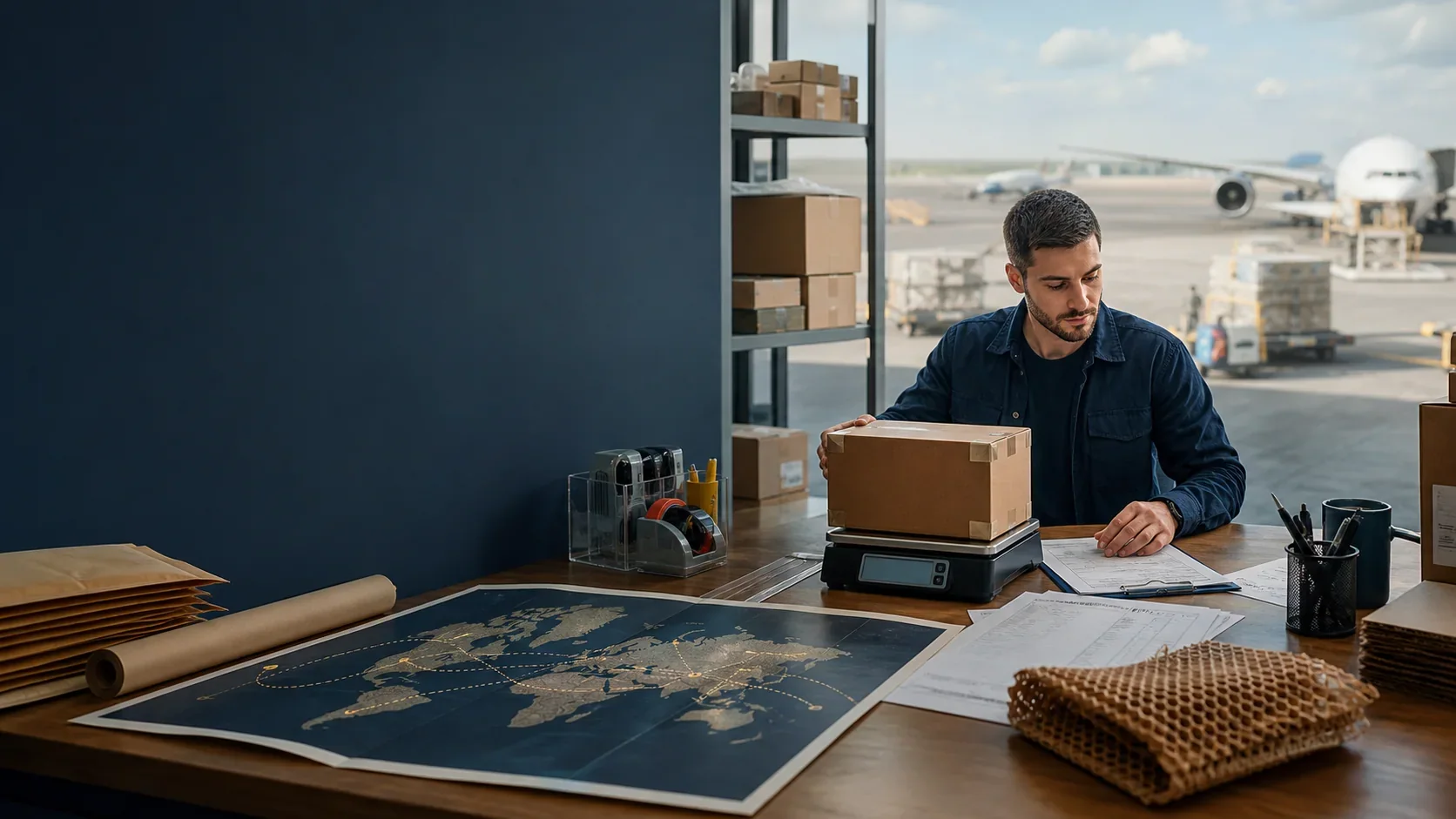 Cross-border ecommerce shipping desk with parcels, customs paperwork, scale, and world route map