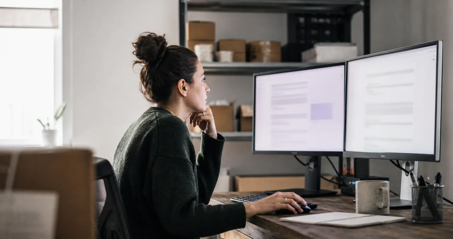 Customer support specialist reviewing ecommerce conversations and order information at a dual-monitor workstation