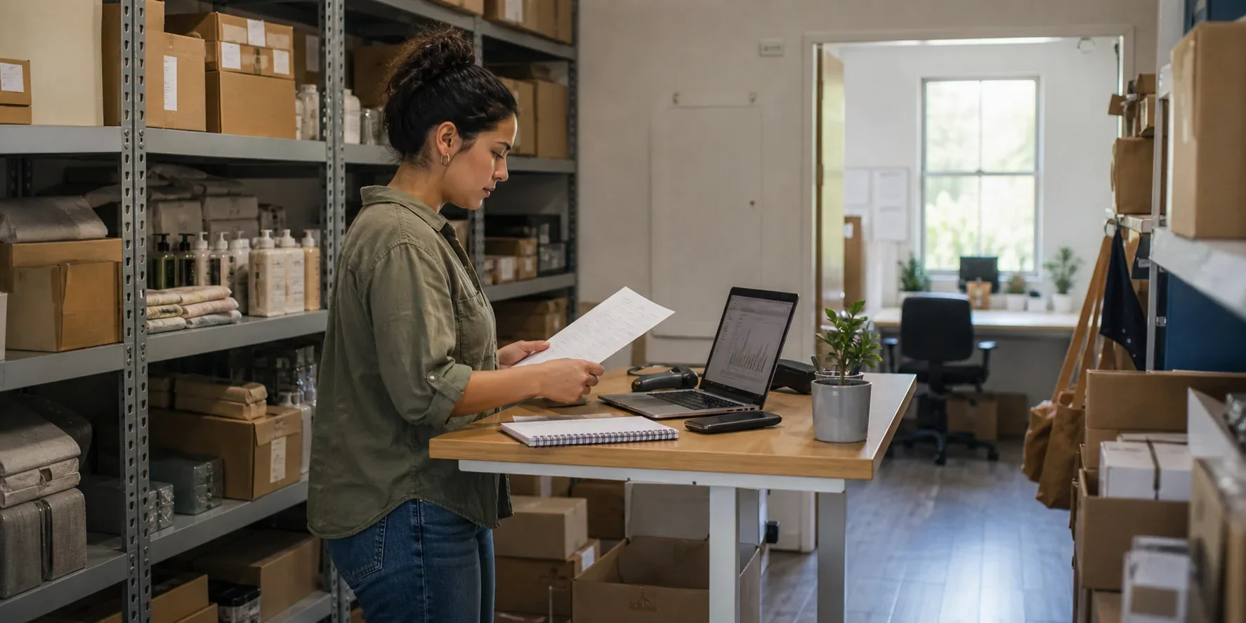 Ecommerce inventory planner comparing a paper stock count with a forecast at a small stockroom workstation