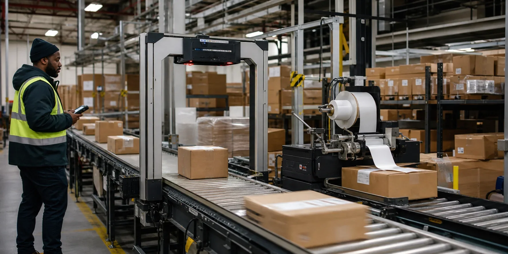 Automated warehouse conveyor scanning parcels and applying shipping labels while an operator monitors exceptions