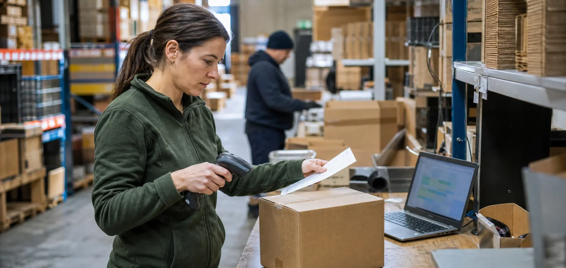 Ecommerce operations manager scanning a parcel and checking a pick list at a working warehouse station