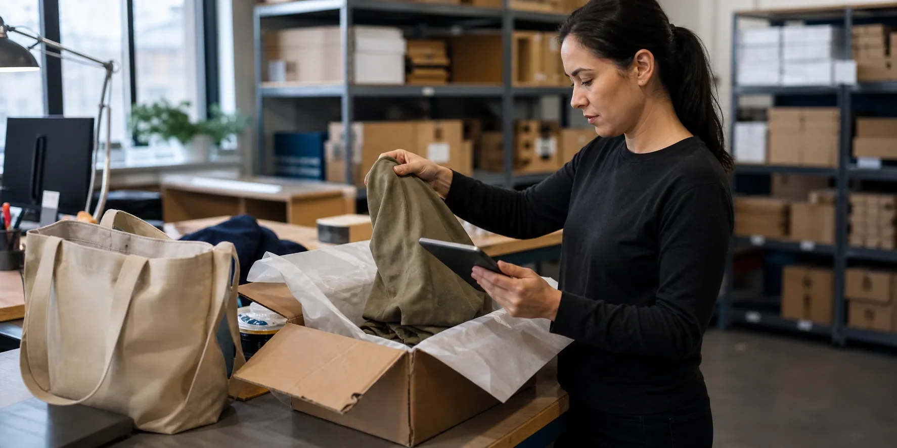 Returns specialist inspecting a garment from an ecommerce parcel and recording its condition on a tablet