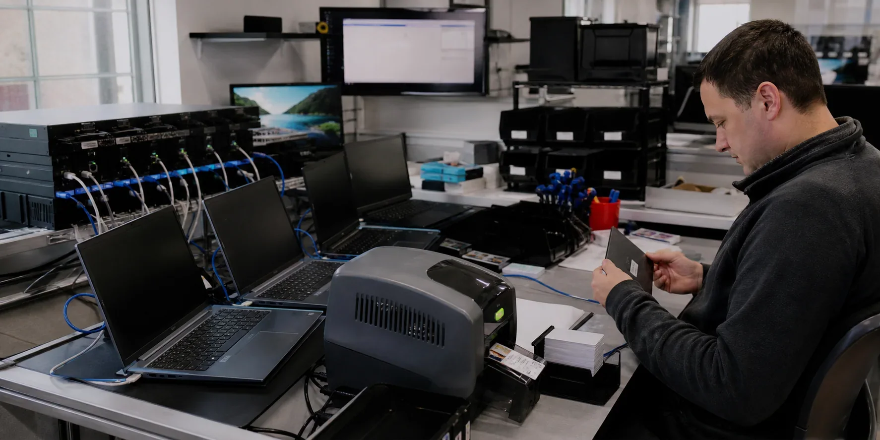 IT bench automatically provisioning laptops and printing access badges while a specialist checks an exception