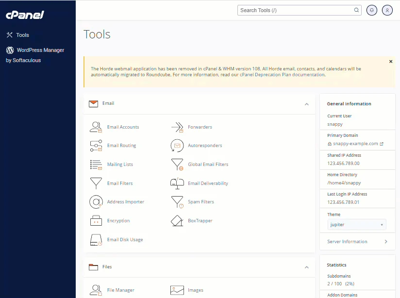 HostGator cPanel Jupiter interface showing hosting management tools