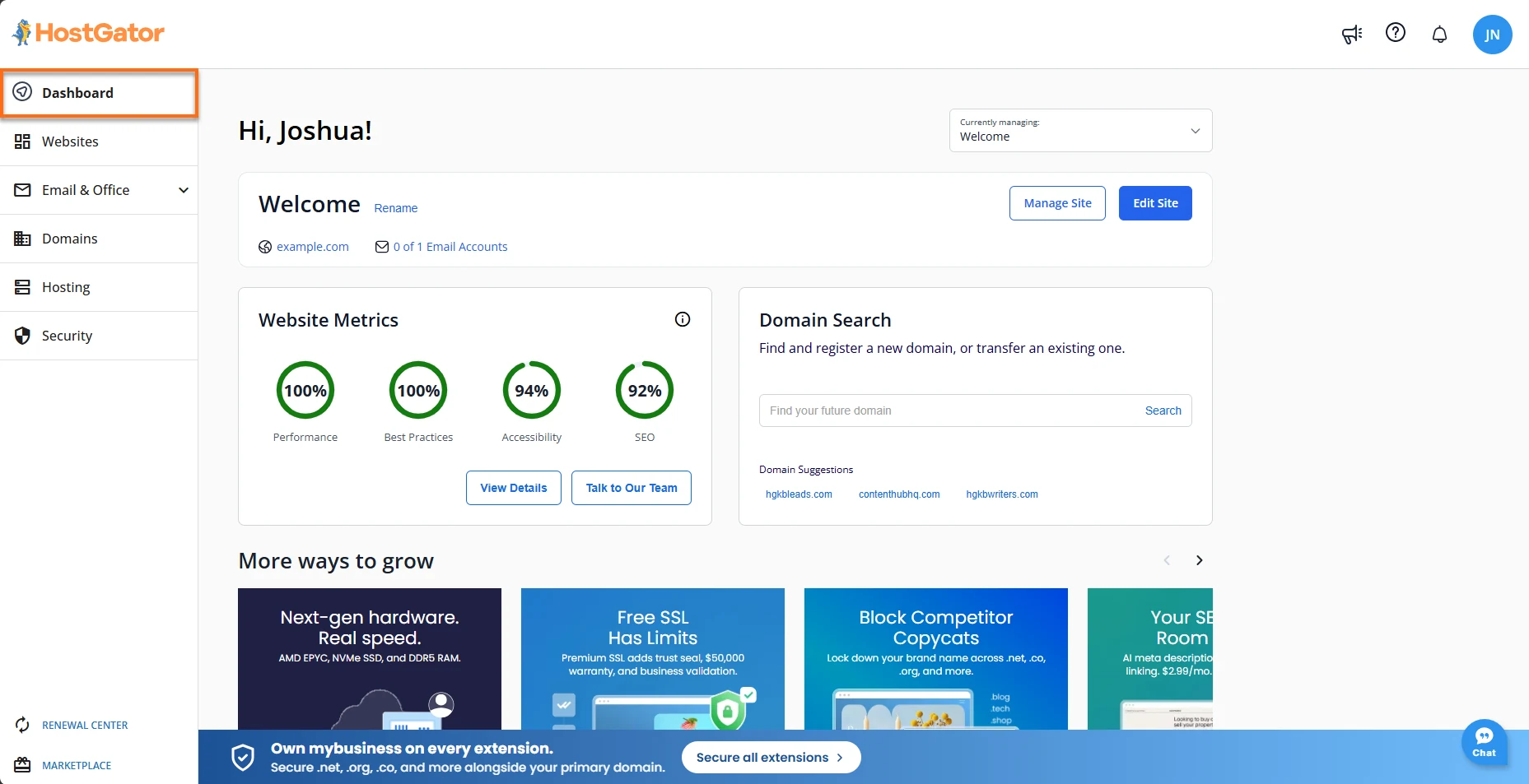 HostGator Customer Portal dashboard showing websites, domains, hosting, security and site metrics