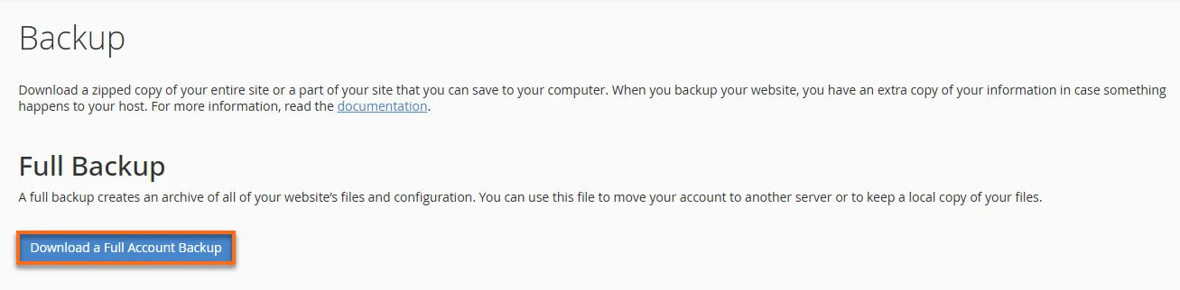 HostGator cPanel full backup screen with Download a Full Account Backup option