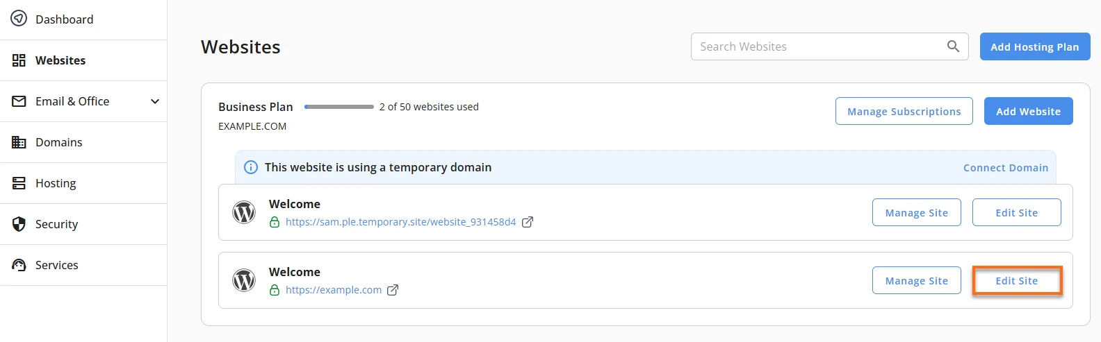 HostGator Customer Portal Websites screen with WordPress Edit Site access