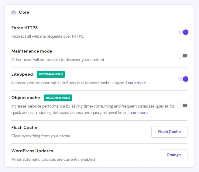 Hostinger WordPress Overview showing HTTPS, LiteSpeed, cache and update controls