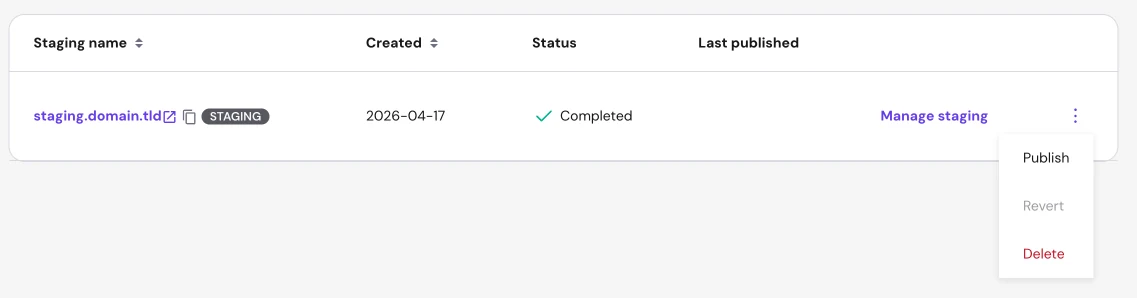 Hostinger WordPress staging actions including publish, revert and delete