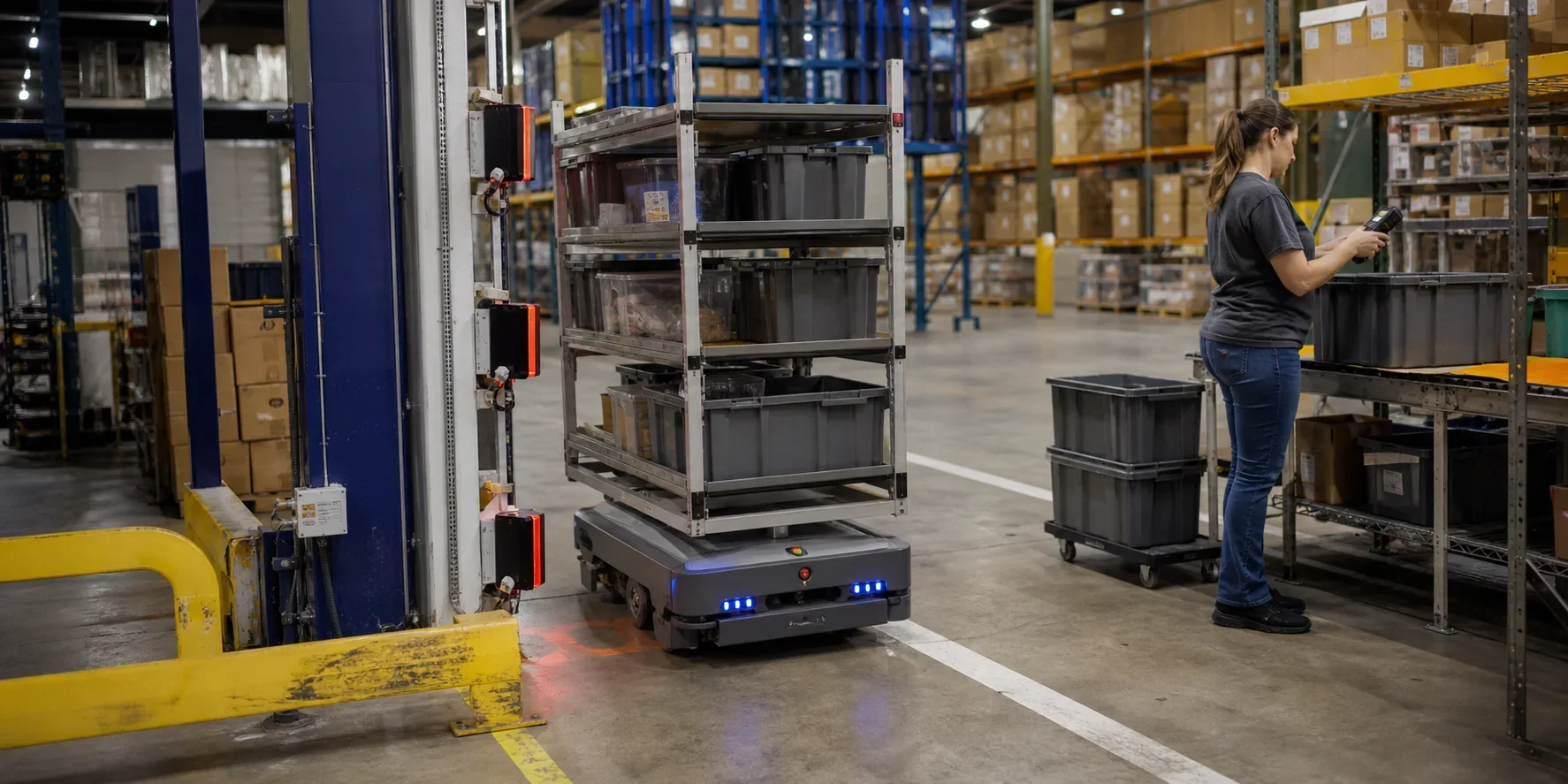 Autonomous warehouse robot moving storage bins past fixed scanners while a worker checks an exception