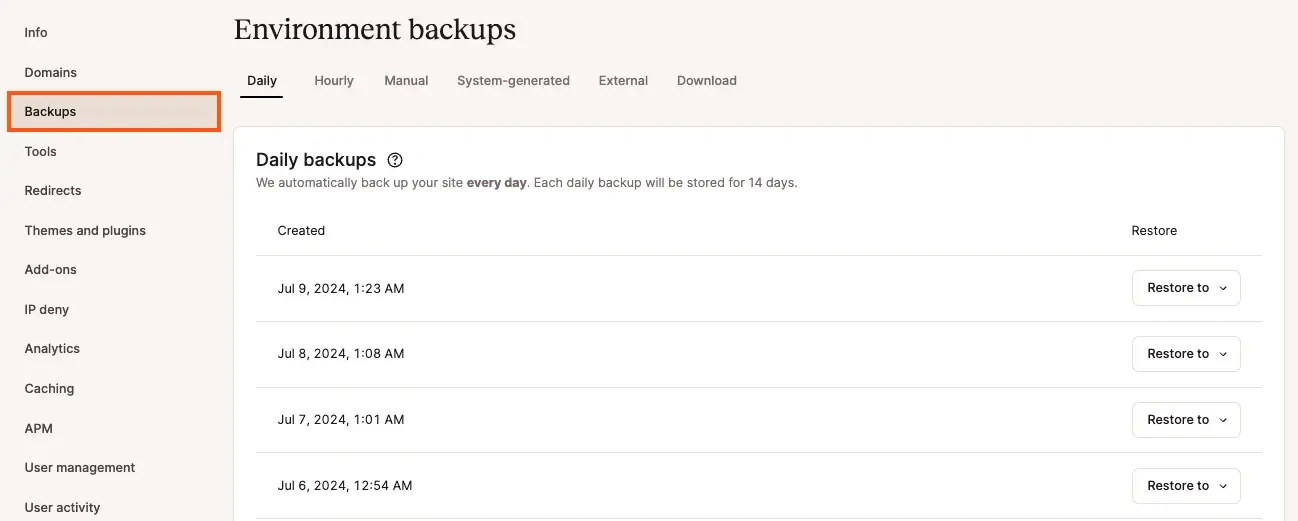 Kinsta MyKinsta Backups screen showing daily restore points