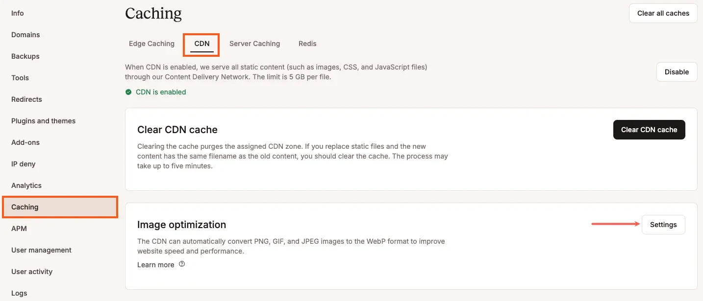 Kinsta CDN and image optimization controls in MyKinsta