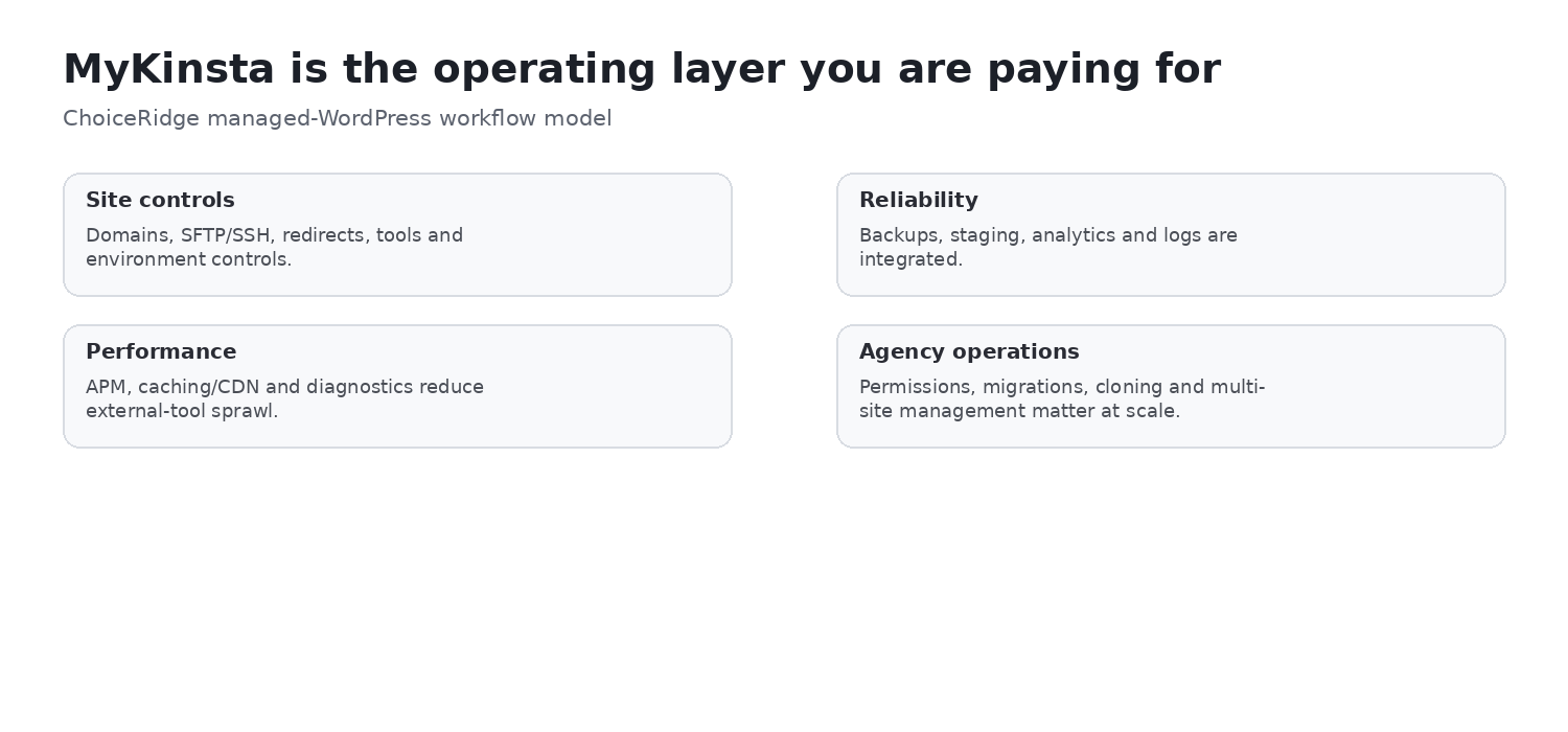 Kinsta MyKinsta operations stack for environments domains backups tools analytics cache APM logs users and access