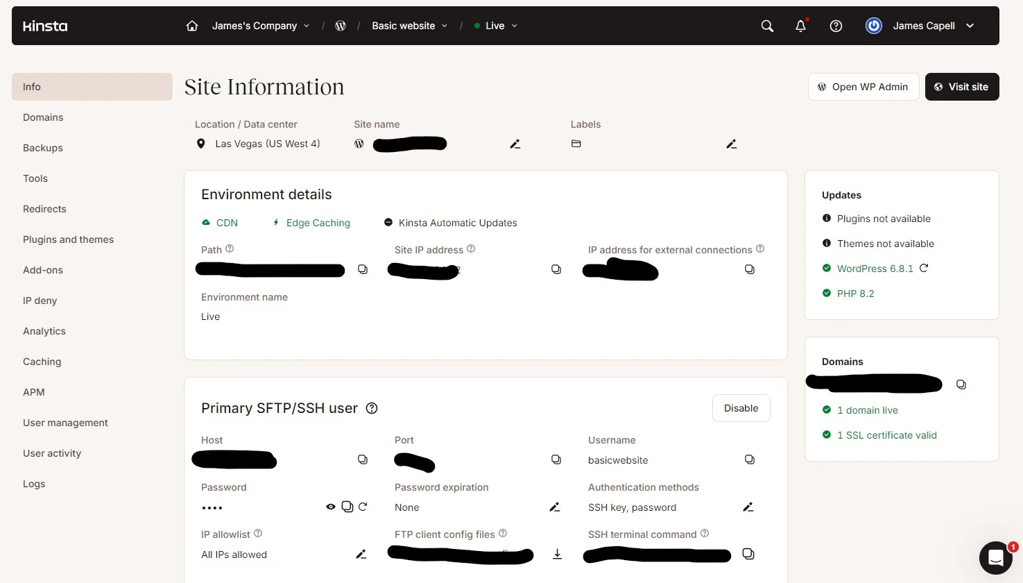 Kinsta MyKinsta site dashboard showing site information, environment details, domains and SFTP SSH access