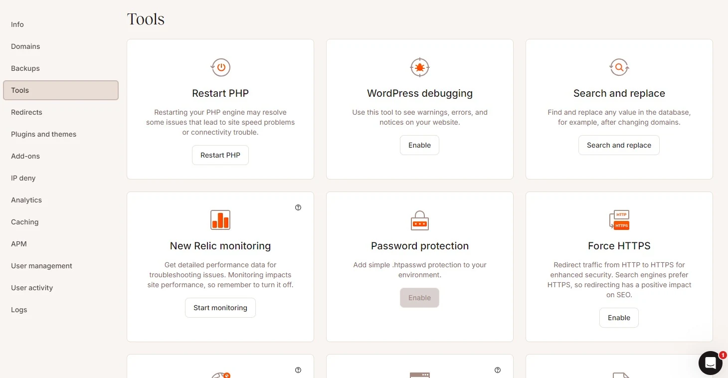 Kinsta MyKinsta Tools screen showing PHP restart, WordPress debugging, search and replace, New Relic and HTTPS controls