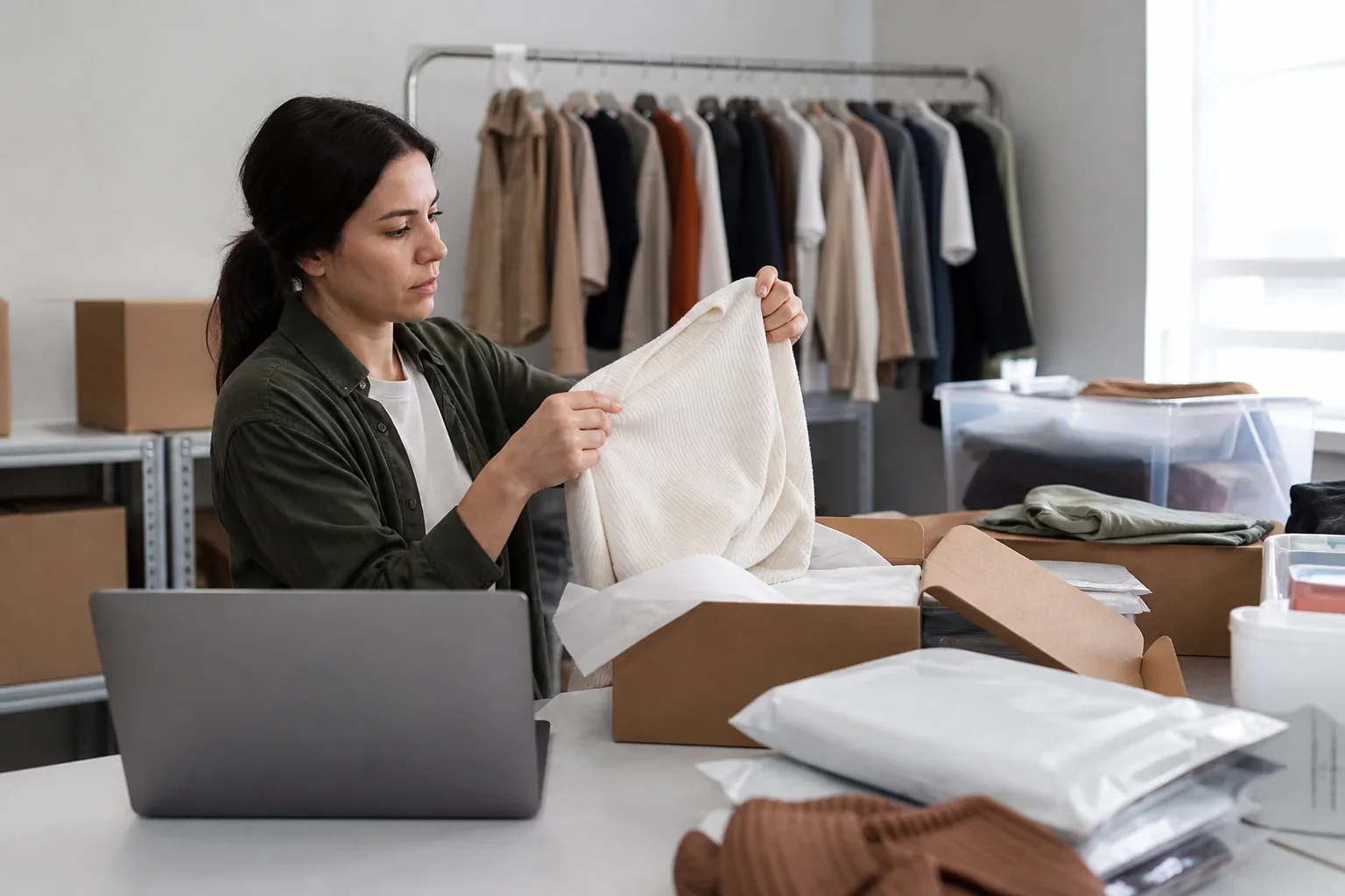 Returns specialist inspecting a garment at an ecommerce reverse-logistics station