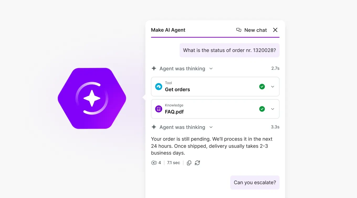 Make AI Agent in-canvas chat showing tool use knowledge and response
