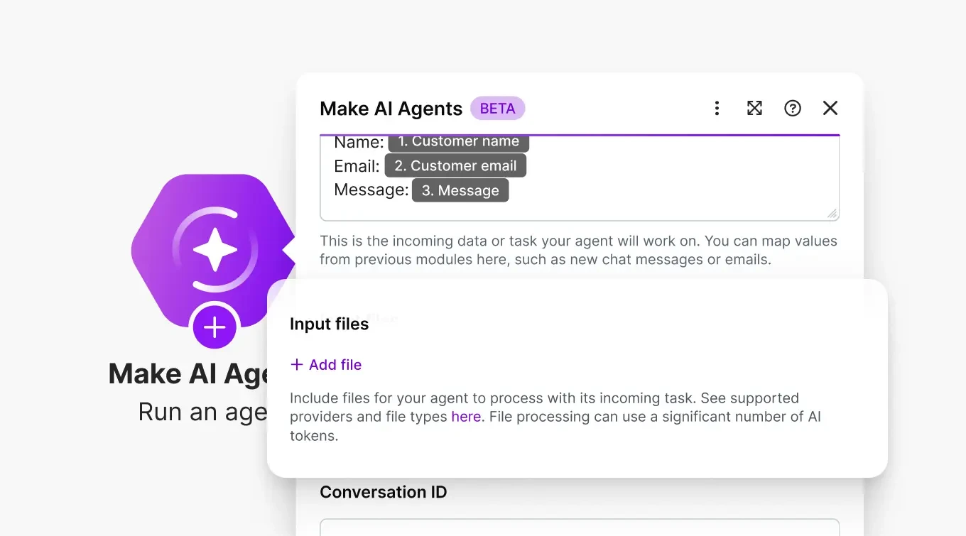 Make AI Agent configuration showing mapped input fields and file input support