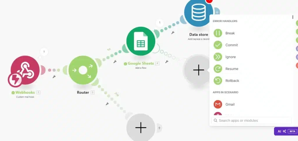 Make scenario editor showing the error-handler menu with Commit Resume and Rollback options