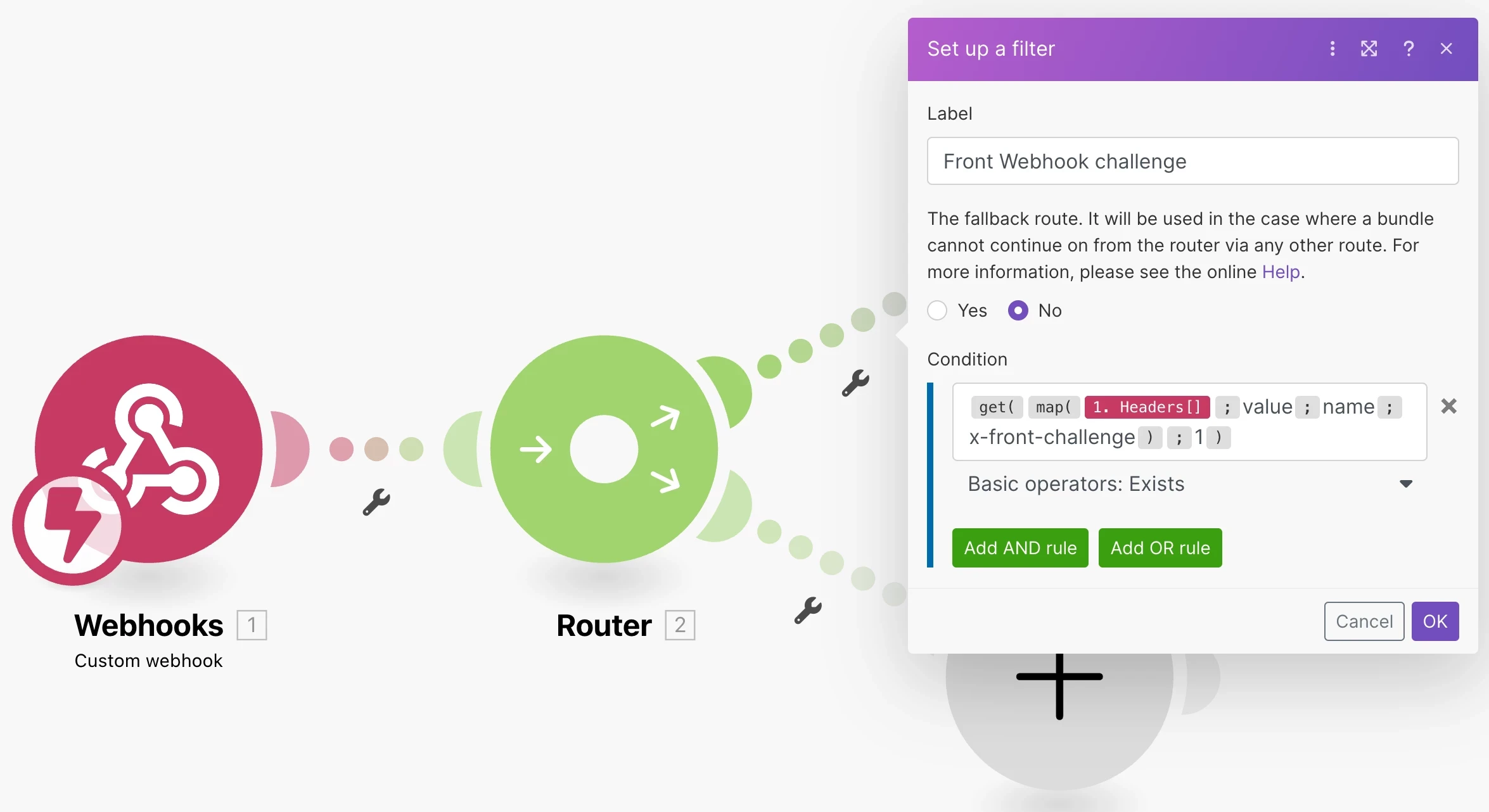 Make scenario filter configuration showing a router branch and filter conditions