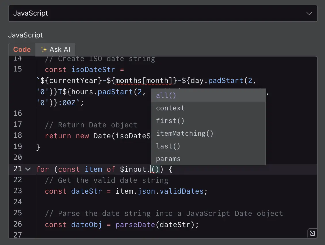 n8n code autocomplete