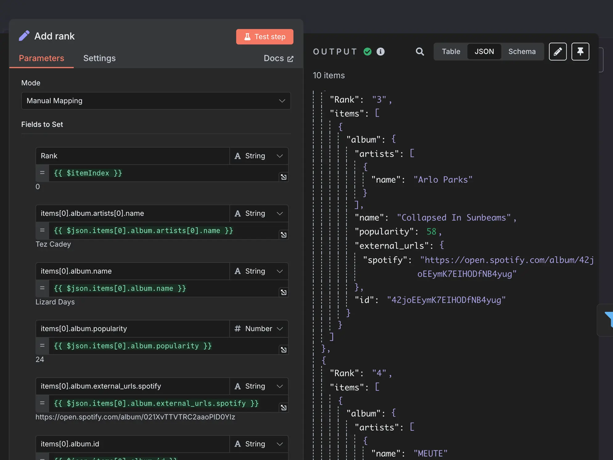 n8n data mapping and JSON output interface