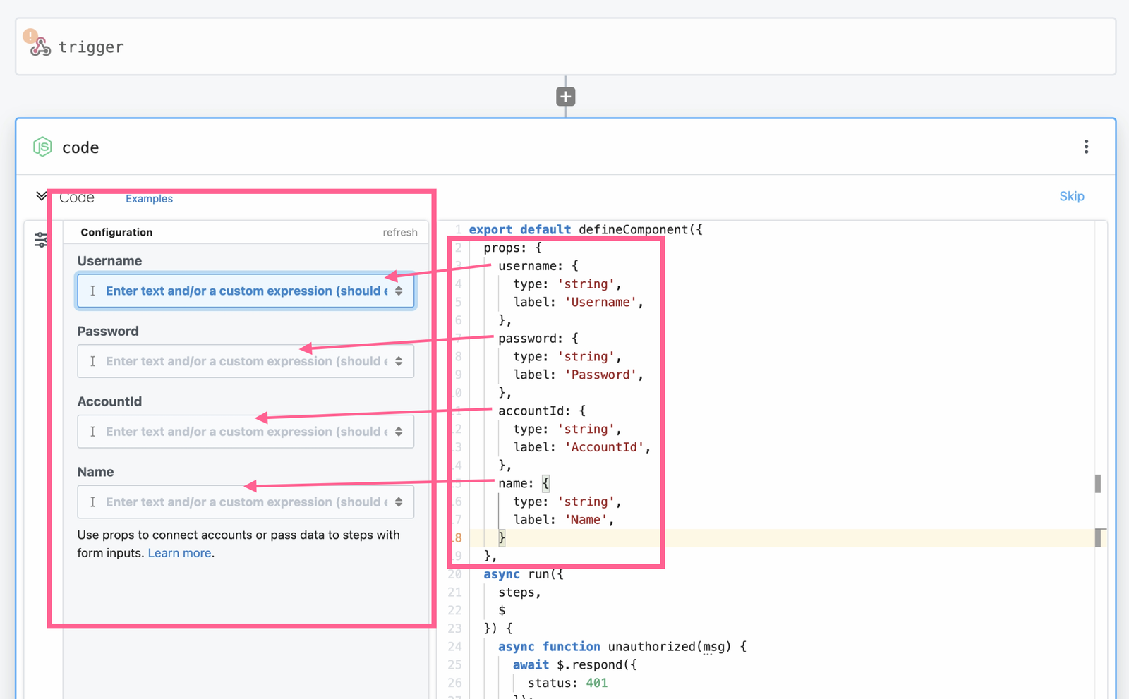 Pipedream code step with configurable props and JavaScript code
