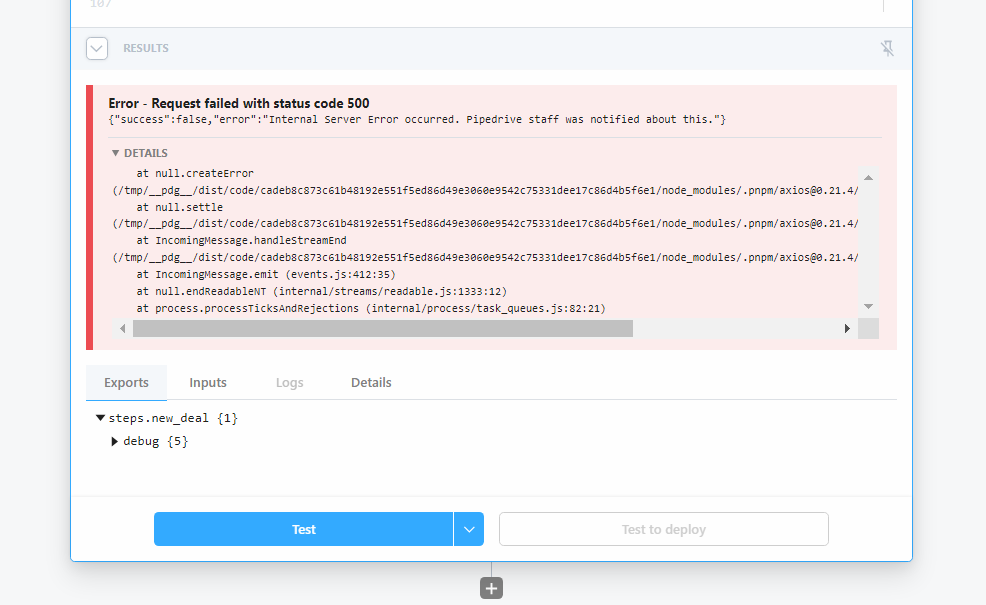 Pipedream error result showing HTTP 500 stack trace and execution details