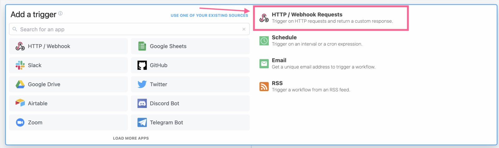Pipedream Add a trigger interface with HTTP Webhook Schedule Email and RSS options